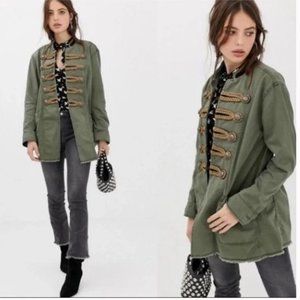 Free People Military Green Gold Braided Trim & Etched Button Passenger Jacket